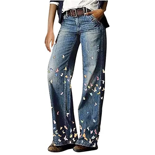 Image of Wide Leg Jeans for Women UK 2025 Clearance Fashion Retro Style Comfortable Printed Casual Trousers Pants with Pocket Spring Fall Straight Legs Joggers for Ladies Denim Loose Fit Trousers Bottoms