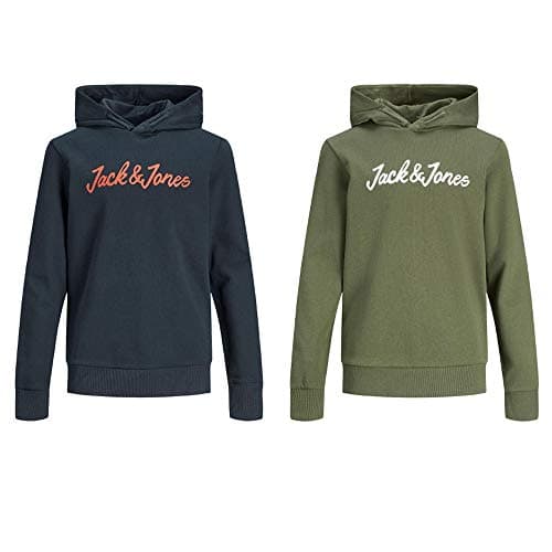 Image of JACK & JONES Boys Hoodie Pack of 2 Sweatshirts Pullover Style with Logo Design and Cosy Fit for Daily Wear, Navy Blazer/Olive Colour, Size- 8 Years