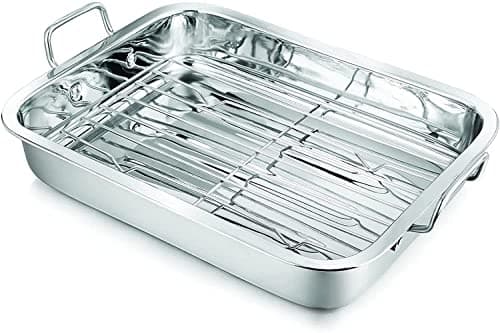 Image of Penguin Home Premium Stainless Steel Roasting Pan with Rack - Compatible with All Hob Types Except Induction - Sturdy & Heavy-Duty - Removable Grill, Roasting Tin with Handles - Large 37 x 28cm