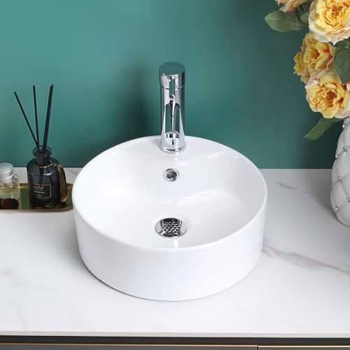 Image of Home Supplies Ceramic Cloakroom Basin Hand Washing Sink, Modern Design Gloss White Countertop Basin Cloakroom Sink for Bathroom Lavatory, Vanity Cabinet (Round)