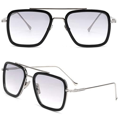Image of Retro Vintage Sunglasses Tony Stark Glasses Square Metal Frame for Men Women Goggle Classic Alloy Frame (Silver Frame Light Grey Lens)