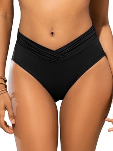 Image of SHEKINI Swim Bottom for Women High Waist Bikini Briefs Full Coverage V Cut Cheeky Ruched Twist Front Plus Size Swimwear Bathing Suit Black