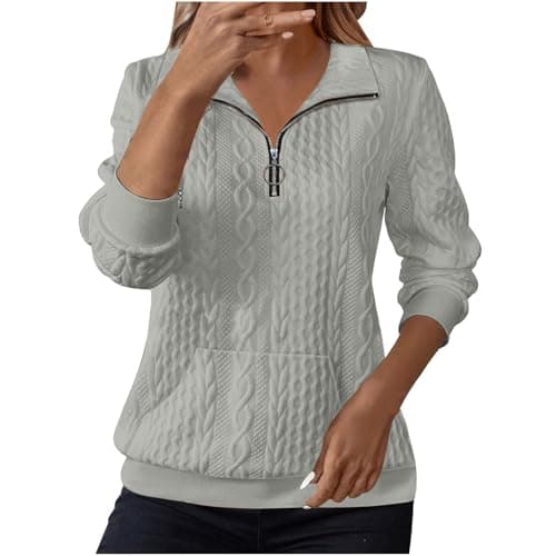 Image of Sweatshirts for Women Cable Knit Jumpers Lapel Half Zip Pullover Ladies Thermal Sweatshirt Long Sleeve Tops Winter Autumn Sweaters Warm Tunics for Office Work Daily Going Out Wear Gray