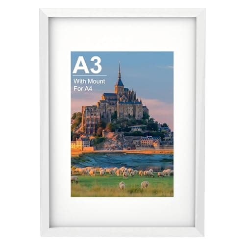 Image of A3 Picture Frame, Wooden A3 White Photo Frame 42 x 29.7 cm with A4 Mount, Poster Frame for Certificates and Artwork, Wall Mount Horizontal or Vertical