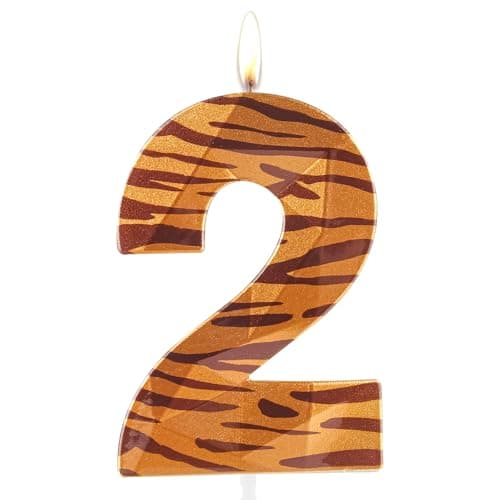 Image of Yiran Tiger Pattern Number Birthday Candles,Metallic 3D Tiger Animal Candle 2, Wild One Zoo Themed for Boys Girls Party Supplies Decoration