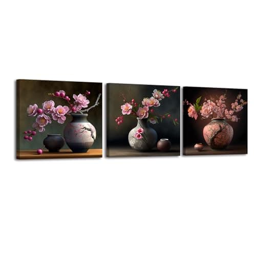 Image of Piy Peach Blossom Painting Set of 3, Pink Flowers Canvas Prints Framed Pictures for Living Room, Bedroom, Kitchen - 12x12inch
