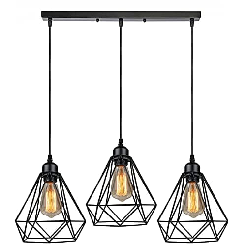 Image of LEDSone Vintage Retro 3 Way Ceiling Pendant Light Cluster Light Fitting Black Diamond Shaped Wire Cage Lampshades, UK E27 Holder Lighting Kit, Black