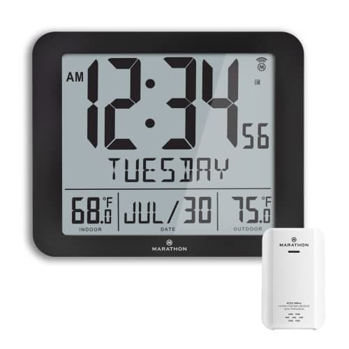 Image of MARATHON CL030027-FD-BK Slim Atomic Wall Clock with Full Calendar and Large Display and Indoor/Outdoor Temperature (New Full Display, Color: Black)