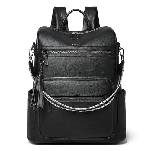 Image of Shrrie 15.6 Inch Laptop Backpack for Women - Large Leather Travel Backpack Purse Water Resistant for Casual College Work Carry-on - Two-tone Black