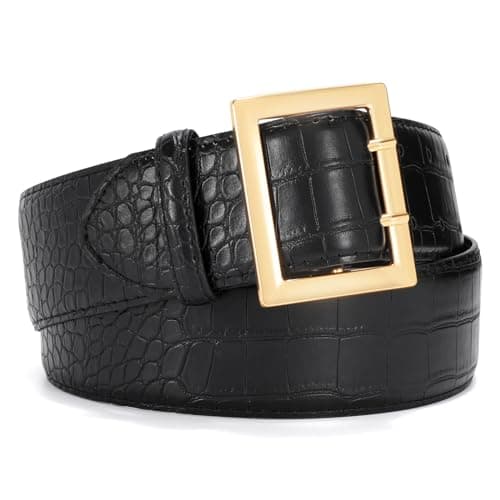 Image of VONMELLI Women Wide Leather Belt for Jeans Dress Fashion Belts for Women Gold Buckle Ladies Waist Belt for Coat with Square Buckle Black with Gold Buckle M