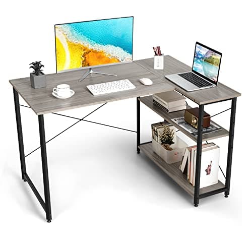 Image of COSTWAY Corner Computer Desk, L-Shaped Writing Study Table with Reversible and Adjustable Bookshelf, Space-Saving Home Office PC Laptop Workstation (Grey, 120 x 88 x 75cm)