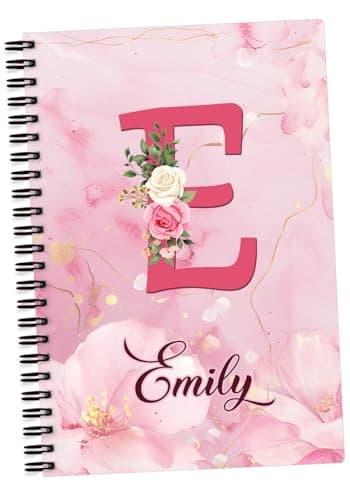 Image of EnvyFone Personalised A5 Notebook | Pink Marble Effect with Flowers | Add Name and Initial - for School Homework or Work Girls Ladies Friend Teachers Colleagues Present - Floral