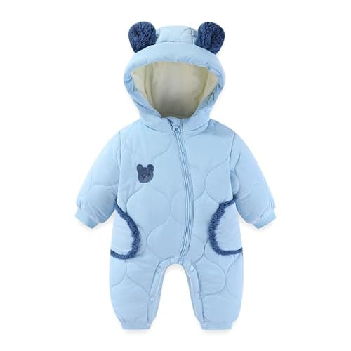 Image of JiAmy Baby Snowsuit Winter Romper Hooded Boys Girls Jumpsuit Bear Thick Windproof Infant Newborn Clothes 12-18 Months Blue