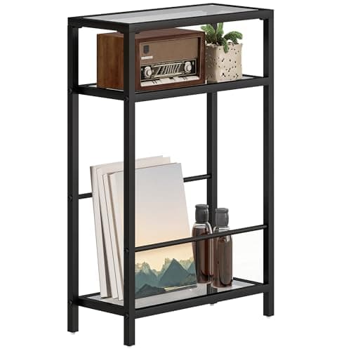 Image of HOMCOM 3-Tier Side Table, Narrow End Table with Storage Shelf and Tempered Glass Tabletop for Small Spaces, Bedroom, Living Room, Entryway, Black