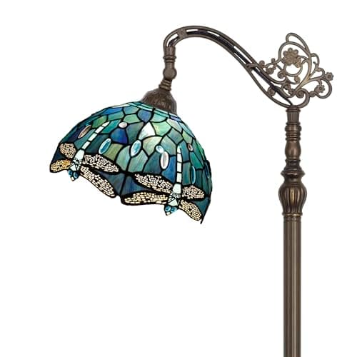 Image of ZJART Tiffany Floor Lamp Stained Glass Lamp 18.88X12X67 Inch Angle Adjustable Arched Gooseneck Antique Reading Light (Red Green Flowers) (Dark Blue Dragonfly)