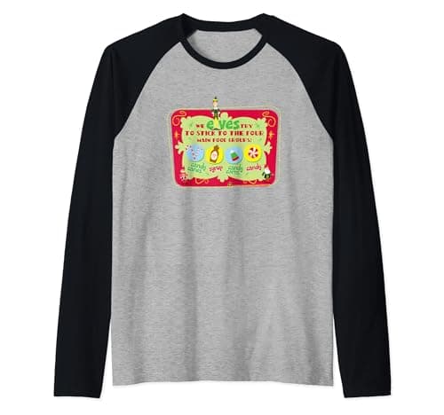 Image of Elf Four Main Food Groups Christmas Raglan Baseball Tee