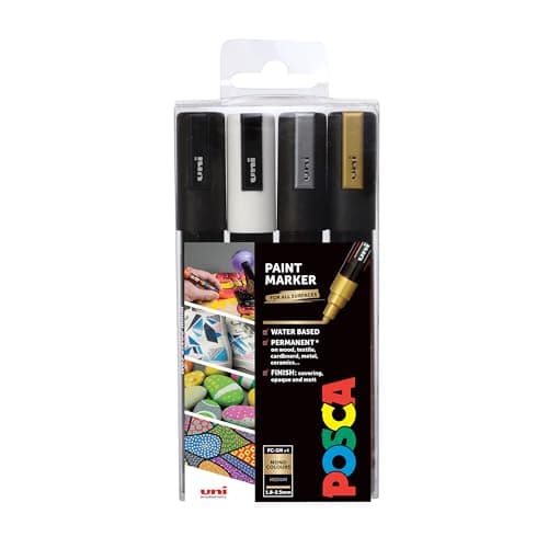 Image of POSCA PC-5M Medium Tip Acrylic Paint Marker Pens, 4 Mono Colours, For All Surfaces (Pack of 4 Pens)
