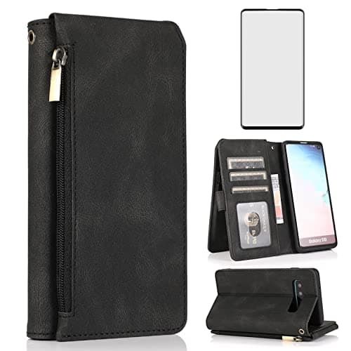 Image of Compatible with Samsung Galaxy S10e Wallet Case Tempered Glass Screen Protector Zipper Leather Flip Cover Card Holder Stand Cell Accessories for Glaxay S 10e Gaxaly 10se Galaxies Se10 Women Men Black