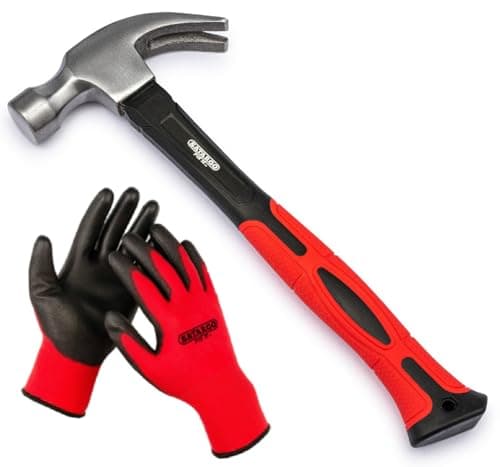 Image of 20oz Claw Hammer, Forged Steel, Heavy Duty with Fibreglass Handle and Non-Slip Rubber Grip, Work Gloves Included - Suitable for Carpentry and DIY