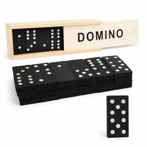 Image of D.A.Y. Republic 28 Pieces Classic Retro Domino Game, Traditional Set in Wooden Case for Kids and Adults, Black and White, Educational Toy Gift, Travel Size (Dominoes in Wood Box)