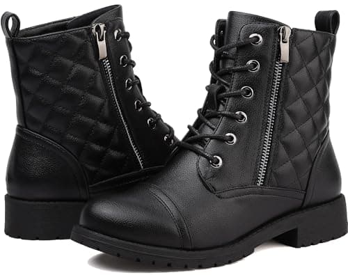 Image of Maxome Boots for Women Walking Ankle Boots Waterproof Combat Black Lace up Booties Side Zipper Low Heel Booties