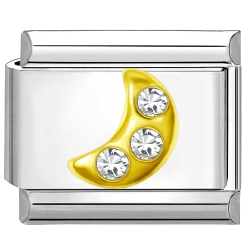 Image of Quiges - 9mm Italian Style Charm Link Module Stainless Steel Gold Zirconia Moon for Italian Style Bracelets