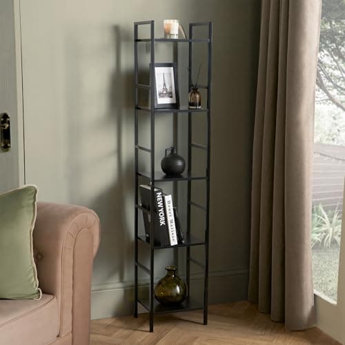 Image of OHS Narrow Shelving Unit with 5 Tiers, Industrial Tall Bookcase Thin Narrow Storage Unit Metal Frame Ladder Shelf for Bedroom Living Room Bathroom, Black - 140 x 30 x 24cm