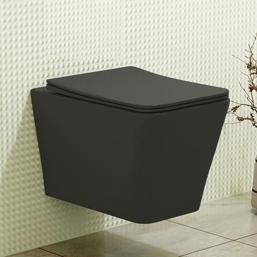 Image of Wall Hung Rimless Toilet Matt Black Square Pan Quick Release & Slim Soft Close Seat – Modern Bathroom Design (Elena).