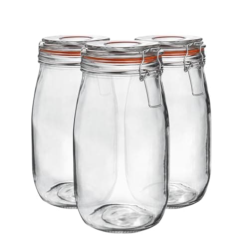 Image of Argon Tableware Glass Jars with Airtight Metal Clip Lid - 1500ml/50.7oz - 3 Pack - 4 Colour Seals - Large Kitchen Storage Container Round Preserving Jar for Pickling, Chutney, Jam, Coffee
