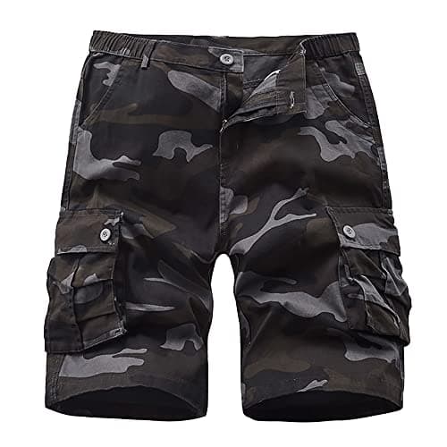 Image of iCKER Mens Multi-Pocket Cotton Shorts Camo Cargo Shorts Loose Fit Camouflage Short,Black-Camo,42