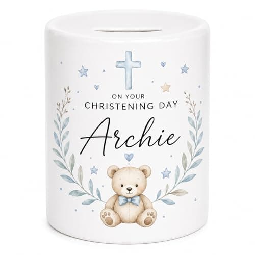 Image of Personalised Christening Ceramic Money Box – Custom Baby Keepsake Coin Pot – Teddy Bear Christening Gift for Boys & Girls (Blue Chrisening Money Box)