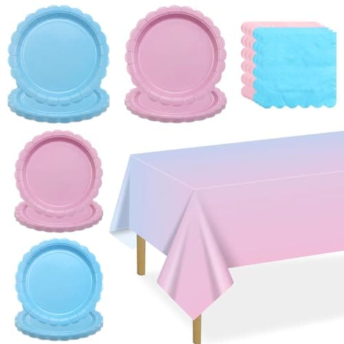 Image of Gender Reveal Party Supplies Set for 20 Guests, Including Pink Blue Tablecloth, Napkins and Plates for Gender Reveal Decorations Baby Shower Boy or Girl Party