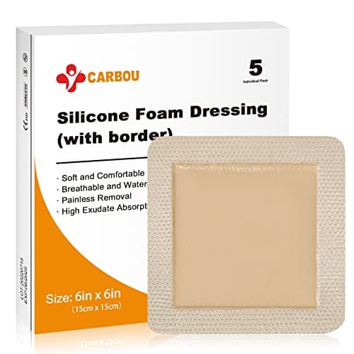 Image of Carbou 5Pcs Silicone Foam Dressing 6" x 6" (15cmx15cm) - Square Wound Care Dressing with Border Adhesive Waterproof Central Ultra Absorbent-Foam(4.3" X 4.3") Waterproof Silicone Wound Bandage