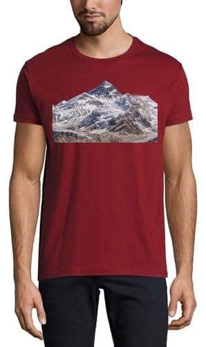 Image of Snow-Covered Mountain Peak Landscape Crew Neck Cotton Men's T-Shirt Bordeaux Large