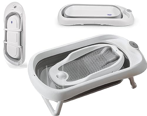 Image of Baby Bath Tub with Bath Stand, 81 x 40 x 24 cm, Ergonomic Baby Bath with Foldable Bath Stand, Foldable Bathtub with Non-Slip, Folding Bathtub for Newborns ，Grey