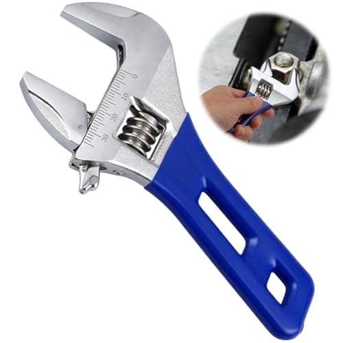 Image of 6 Inch Wide Opening Stubby Short Handle Adjustable Spanner Wrench with 1.34”(34mm) Wide Jaw Opening for Plumbing Auto Repair Home Maintenance Easy Access to Tight Spaces Metric/SAE Scales Metal Blue