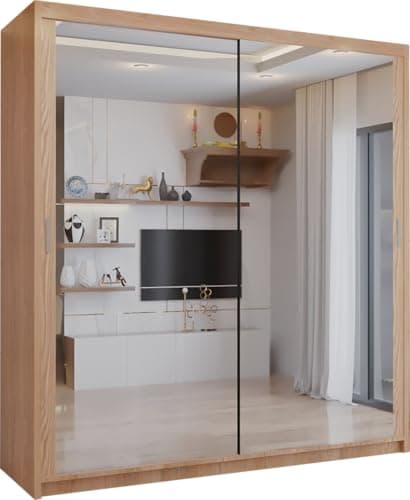 Image of SLIDING WARDROBE 4U Double Mirror Sliding Door Wardrobe with LED LIGHT 90/120/150/180/203 (Oak, 203cm)