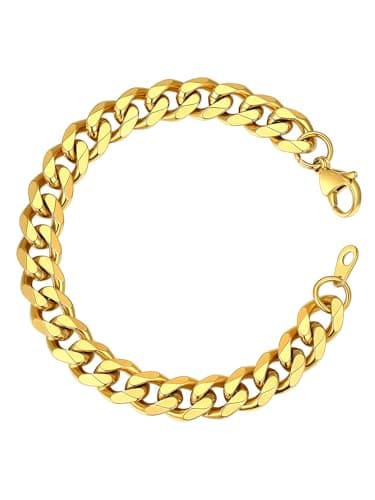Image of ChainsHouse Mens Gold Cuban Bracelet Yellow Plated Stainless Steel Curb Chains Link Hand Wrist Bracelets Women 9mm 19cm