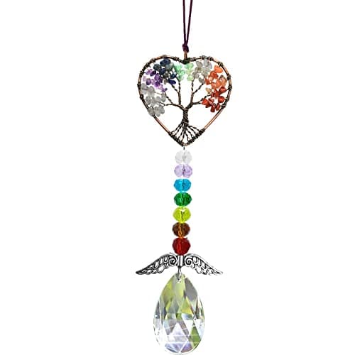 Image of Peili Healing Crystal Decor Tree of Life Car Hanging Accessories Suncatcher with Wings 7 Chakras Window Hanging Decor Meditation Ornaments Home Decoration (colorful heart)