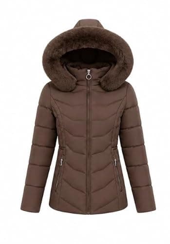 Image of NEXURGE Women's Puffer Jacket, Polyester, Faux Fur Hooded, Fleece-Lined, Slim Fit, Water Resistant, Zip Closure (UK, Alpha, L, Regular, Regular, Brown)