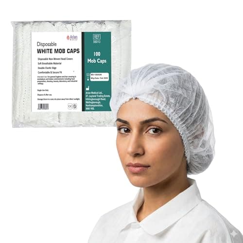 Image of 100 X Premium White Mob Caps, Non Woven Disposable Hair Net Covers with Double Elastic Bouffant Caps