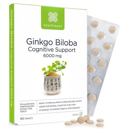Image of Healthspan Ginkgo Biloba Cognitive Support (6,000mg) | 180 Tablets | Maximum Strength Ginkgo Extract | Mental Function | Added Iodine & Vitamin B5 | Supports Energy | Vegan