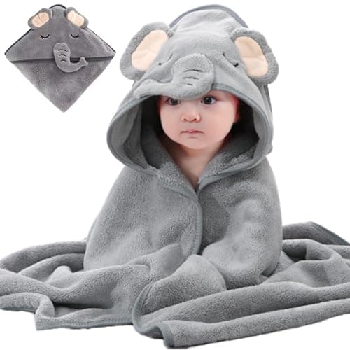 Image of HUANYO Hooded Baby Towel | Ultra Soft Bamboo Bath Wrap for Newborns & Toddlers | 80x80cm, Hypoallergenic, Cute Animal Design (Grey Elephant)