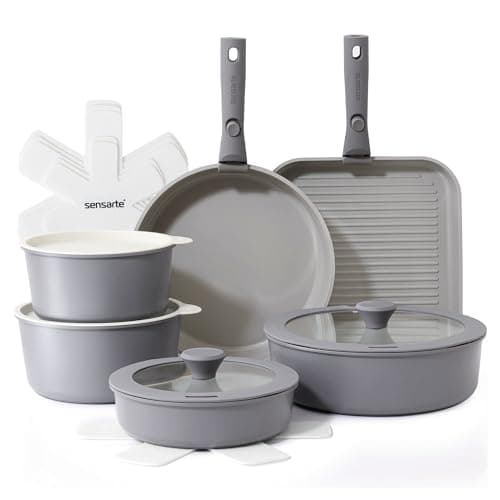 Image of SENSARTE 17 Piece Ceramic Pots and Pans Set, Nonstick Detachable Handle Cookware, Induction Kitchen Cookware Set with Removable Handle, Oven Safe (Grey)