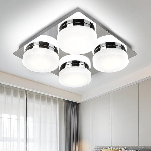 Image of PADMA 4 Way Kitchen Ceiling Lights Chrome Finish Square Spot Lights 20W 6000K Cool White Large Flush Ceiling Lighting for Bedroom Living Room Star Effect for Kids Kitchen Lounge