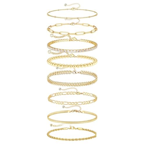 Image of 8 Pcs Bracelet for Women, Gold Plated Adjustable Chain Bracelet Set, Stainless Steel Figaro Herringbone Link with Cubic Zirconia, Stackable Fashion Jewellery Gift Set