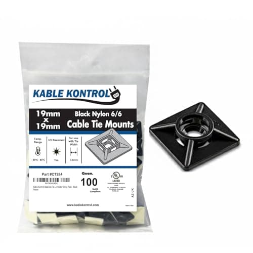 Image of Kable Kontrol Black Zip Tie Bases, 19 mm x 19 mm, Pack of 100 Cable Tie Adhesive Mounts Self Adhesive Mounts Holders Multi-Purpose Zip Ties Bases, Cable Holder Sticky Pads - Black