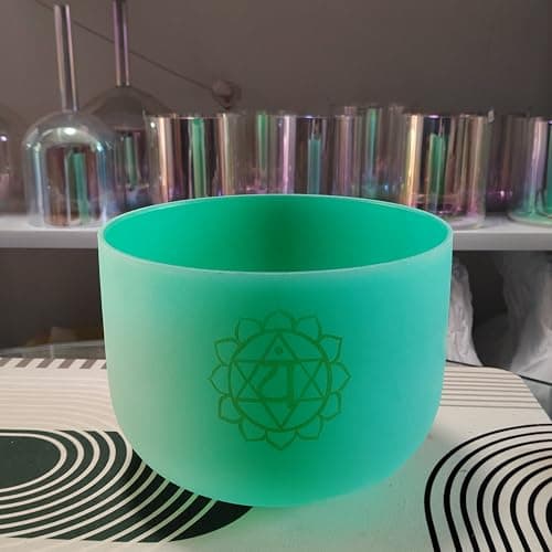 Image of Frosted Green Color Chakra Design 432Hz Perfect Pitch F Heart Chakra Quartz Crystal Singing Bowl 8 inch