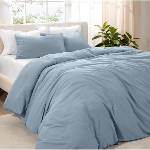 Image of Bare Home Sandwashed Duvet Cover and Pillowcase Set (Double, 1800 Thread Count, Ultra Soft, Lightweight, Full, Dusty Blue)