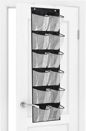 Image of BONAVCY Over the Door Shoe Storage, Hanging Shoe Rack Organiser with 12 Large Mesh Pockets for Wardrobe Door Tidy, Black